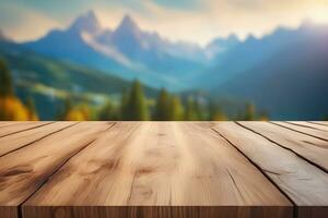 legna tavolo Prodotto presentazione con sfocato montagna sfondo di ai generativo foto