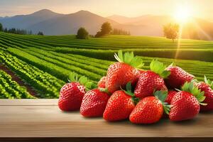 mucchio di fragole su tavolo con fragola campo sfondo di ai generativo foto