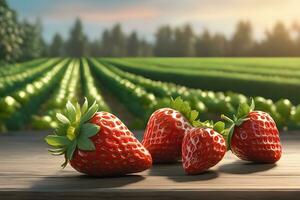 mucchio di fragole su tavolo con fragola campo sfondo di ai generativo foto