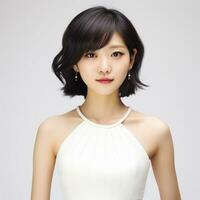 bellissimo asiatico donna nel bianca vestito ai generato foto