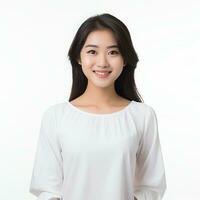 giovane asiatico donna nel bianca completo da uomo ai generato foto