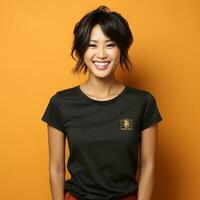 bellissimo asiatico donna sorridente con giallo sfondo ai generato foto