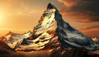 un' montagna picco con arancia nuvole e un' tramonto ai generato foto