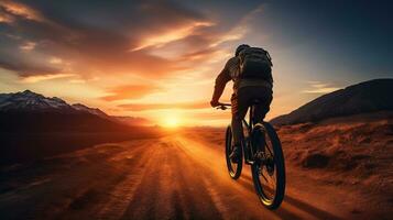 generativo ai, montagna bike uomo equitazione su bicicletta nel montagne foresta paesaggio, ciclista foto