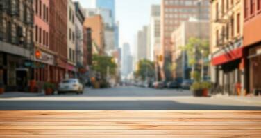 generativo ai, vuoto di legno tavolo superiore con sfocatura sfondo di un' occupato strada, grande città foto