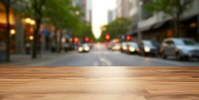 generativo ai, vuoto di legno tavolo superiore con sfocatura sfondo di un' occupato strada, grande città foto