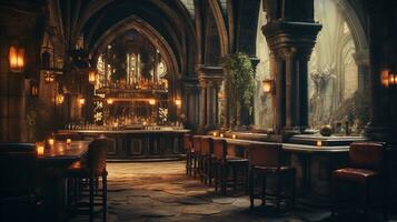 generativo ai, Cattedrale antico interno con bar o pub dentro, Gotico Chiesa stile foto