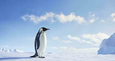 pinguino in piedi nel Antartide guardare in il blu cielo. ai generato foto