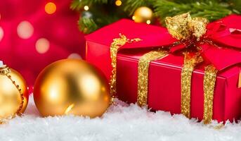 rosso Natale regalo scatola e palline su sfondo d'oro luci ai generativo foto