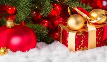 rosso Natale regalo scatola e palline su sfondo d'oro luci ai generativo foto