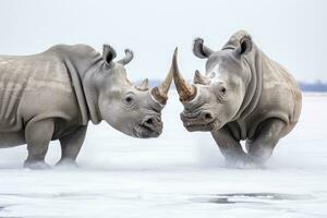 Due rinoceronte ottenere pronto per combattimento su Ghiaccio. ai generato foto