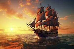 pirata nave andare in barca su il oceano a tramonto. Vintage ▾ crociera. ai generato foto