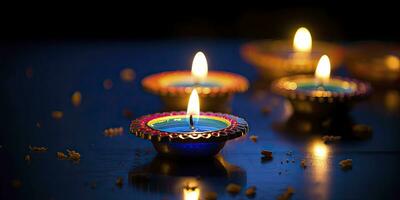contento diwali. diya olio lampade erano illuminato durante il celebrazione. ai generato foto