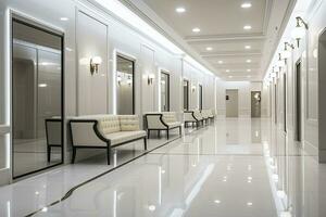 interno design di un' moderno lussuoso bianca edificio corridoio o corridoio con in attesa posto a sedere. ai generato foto