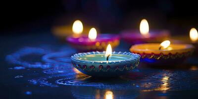 contento diwali. diya olio lampade erano illuminato durante il celebrazione. ai generato foto