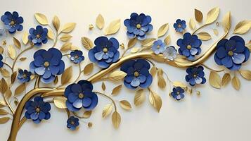 elegante oro e reale blu floreale albero con le foglie e fiori sospeso rami illustrazione sfondo. ai generato. foto