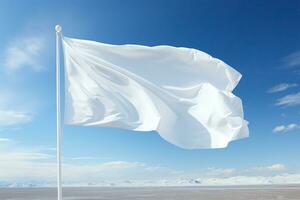 un vuoto bianca agitando bandiera su un' chiaro cielo nel un' vacante quantità. generativo ai foto
