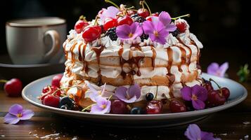 bellissimo torta pieno con fiori , generato di ai foto