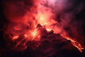 vulcanico eruzione. ardente lava nel il cratere di vulcano, lava sgorgante su di cratere e rossastro illuminato Fumo nube, lava flussi, eruzione vulcano, ai generato foto