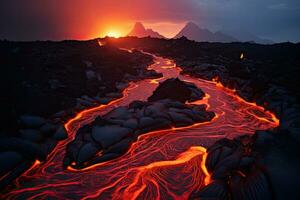 vulcanico paesaggio a tramonto. 3d illustrazione. fantasia natura, lava fluente lava in un' montagna, ai generato foto