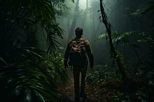 uomo con zaino a piedi su il pista nel il giungla a notte, maschio escursionista a piedi attraverso un' denso buio giungla, posteriore Visualizza, pieno corpo, ai generato foto