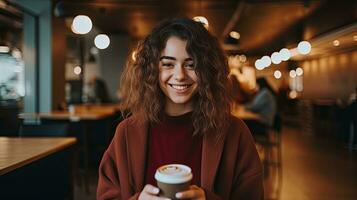 giovane gen z ragazza con tazza di caffè e smartphone Guarda a telecamera e Sorridi , generato di ai foto