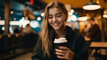 giovane gen z ragazza con tazza di caffè e smartphone Guarda a telecamera e Sorridi , generato di ai foto