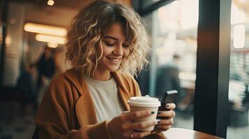 giovane gen z ragazza con tazza di caffè e smartphone Guarda a telecamera e Sorridi , generato di ai foto