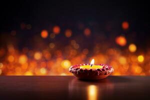 Diwali o Deepavali Festival candela su tavolo superiore nel buio notte bokeh sfondo,, ai generativo foto