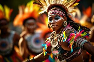 danza nativo americano indiano donna nel tradizionale costume, gioielleria e copricapo con piume. indigeno tribale danza a culturale Festival. vivace tradizionale abbigliamento, ai generato foto