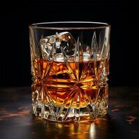 ai generato bicchiere di whisky o altro alcool con cubo ghiaccio su nero sfondo. foto