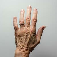 il indietro di un anziano donna di mano su un' leggero sfondo, rugosa palme di vecchio donne, Visualizza di un' rugosa mano.generativo ai foto