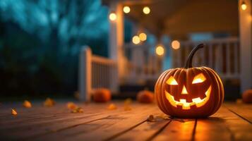 ai generato Halloween pauroso zucca, candele e asciutto le foglie su il sfondo di il sera Casa. Halloween sfondo. foto