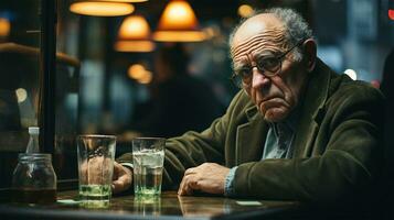 solitario dai capelli grigi e triste vecchio uomo seduta nel un' bar su un' sfocato sfondo. solitudine concetto.generativo ai foto