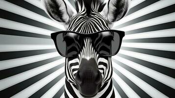 zebra indossare occhiali da sole su un' rigido nero e bianca a strisce modello sfondo. ai generato foto