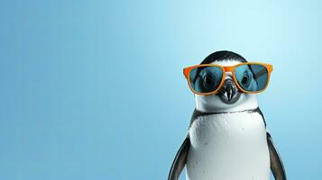 pinguino indossare occhiali da sole su un' solido blu ghiaccio sfondo. ai generativo foto