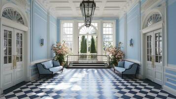 moderno interno design bellissimo atrio con pulito blu e bianca colore tavolozza e naturale luce. ai generato foto