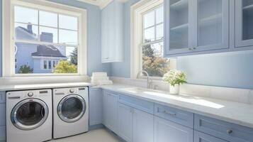 moderno interno lavanderia camera design con lavaggio macchina, asciugamano, fiori, e finestra. ai generato foto