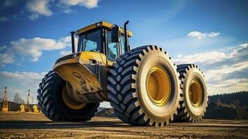 potente ruota bulldozer a opera su costruzione luogo contro un' chiaro blu cielo. ai generato foto