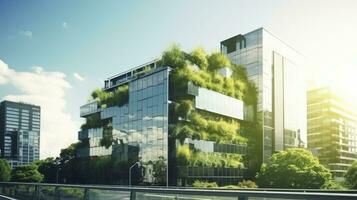 eco-friendly ufficio edificio con moderno bicchiere design nel il urbano paesaggio urbano. ai generato foto