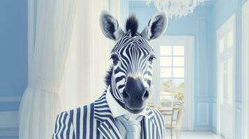 un' zebra indossare completo da uomo nel moderno casa. ai generato foto