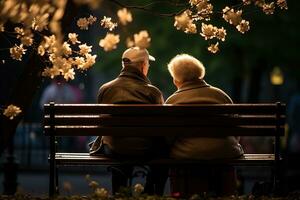 anziano coppia seduta su un' panchina nel parco, fiori tutti intorno a, solitudine foto