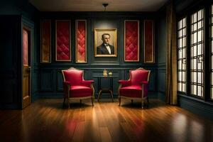un' camera con Due rosso sedie e un' pittura su il parete. ai-generato foto