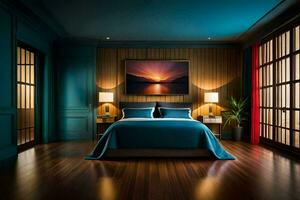 un' Camera da letto con un' blu letto e di legno pavimento. ai-generato foto