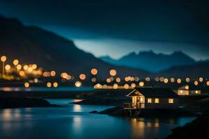 un' piccolo Casa si siede su il riva di un' lago a notte. ai-generato foto