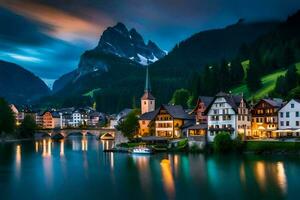 foto sfondo il cielo, montagne, acqua, cittadina, fiume, montagne, lago, città,. ai-generato