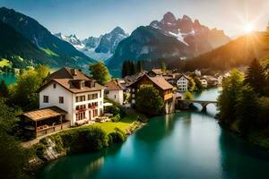 bellissimo villaggio nel il Alpi a tramonto. ai-generato foto