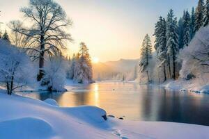 un' nevoso fiume e alberi nel il inverno. ai-generato foto