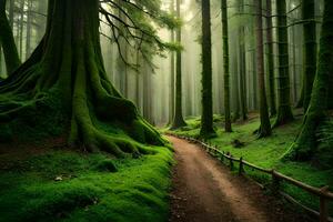 un' sentiero attraverso un' verde foresta con alberi. ai-generato foto