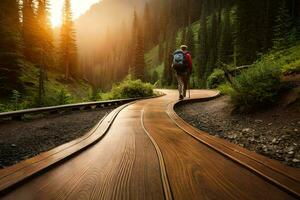 un' uomo a piedi su un' di legno sentiero nel il foresta. ai-generato foto